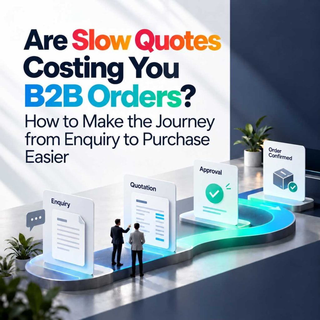 A B2B quote journey showing enquiry, review, revised quote, acceptance and order.
