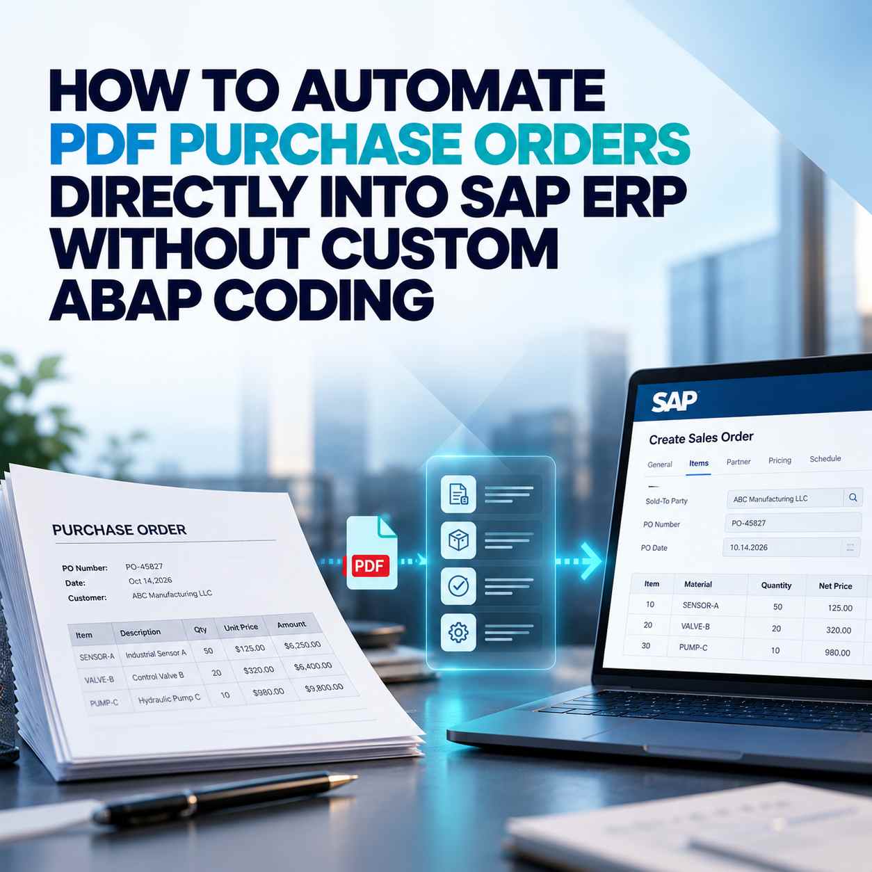 PDF purchase order automation into SAP ERP using AI-assisted data extraction and validation without custom ABAP coding.