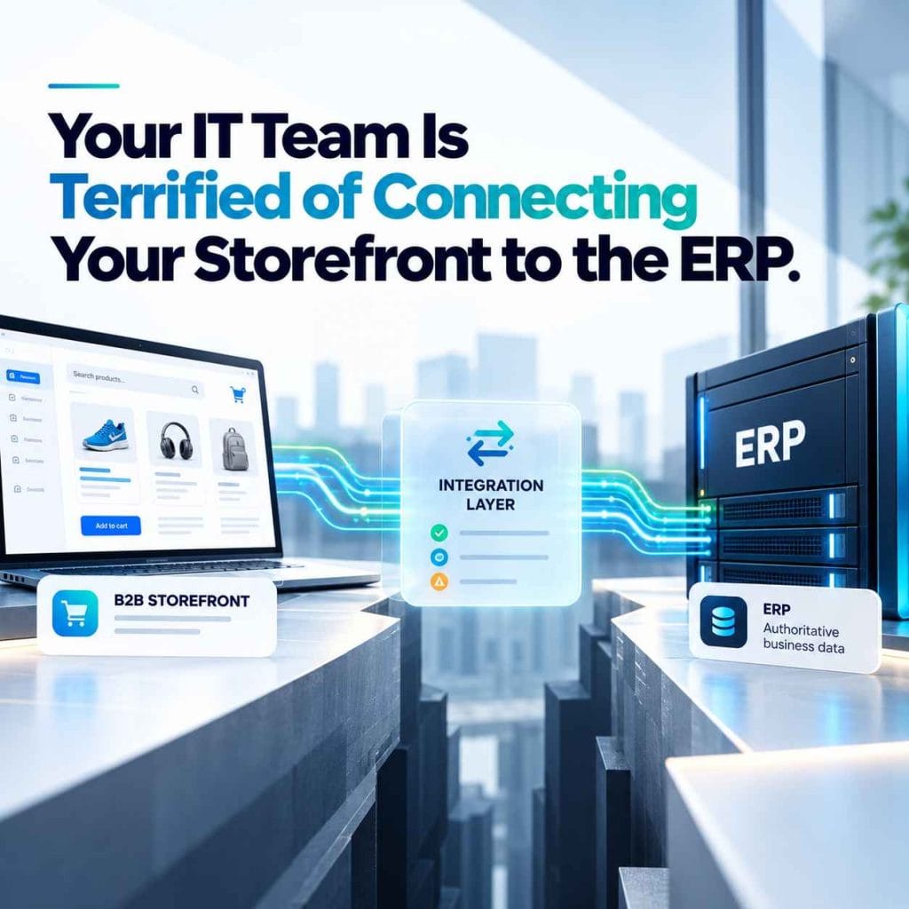 B2B storefront connected to an ERP through a controlled integration layer for safer commerce integration