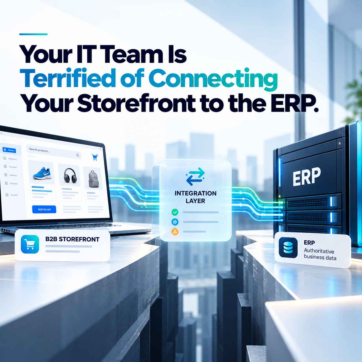 B2B storefront connected to an ERP through a controlled integration layer for safer commerce integration